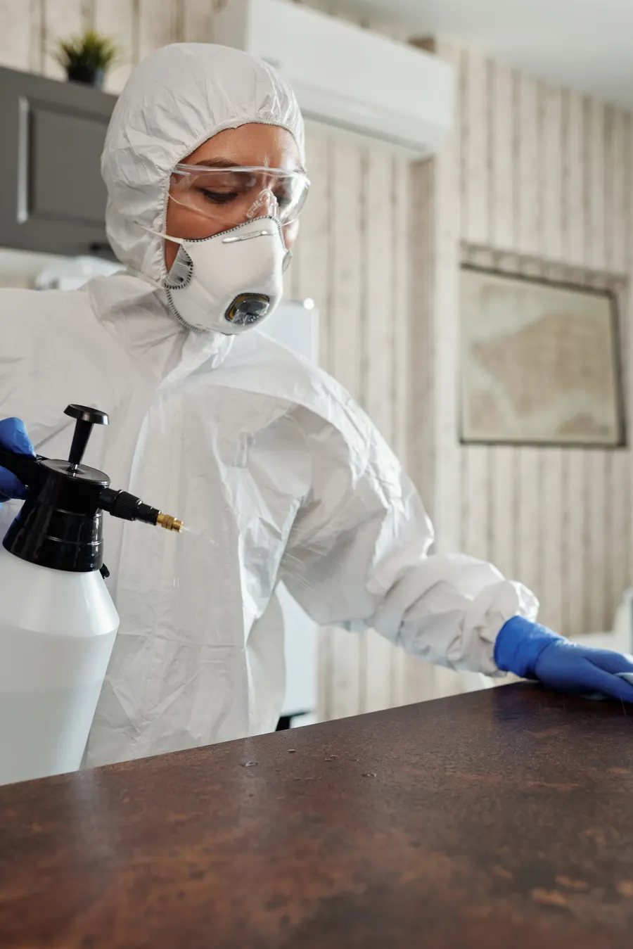Personne en tenue de protection réalisant une désinfection de surface